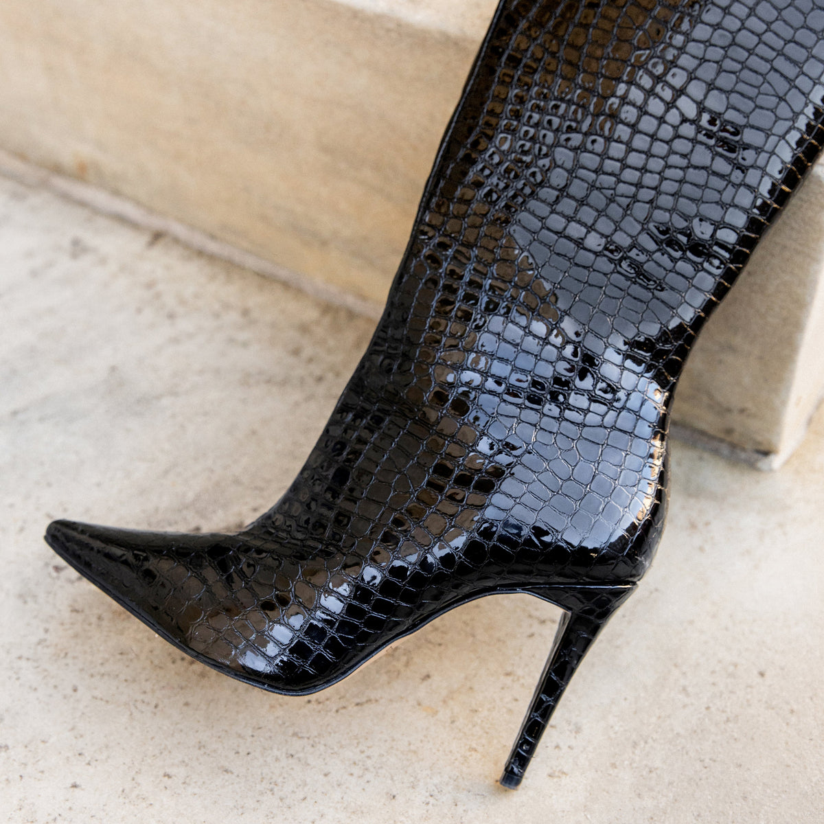 Angelina Black Leather Croco High Boot